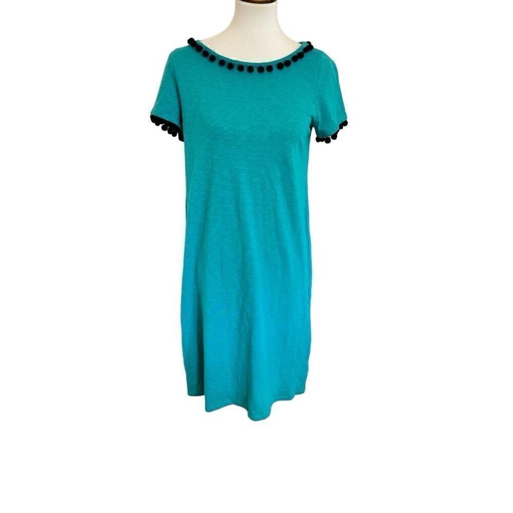 Boden Bridget Jersey Pom Pom Dress Size US 6L Teal Shirt Dress Navy Pom Poms